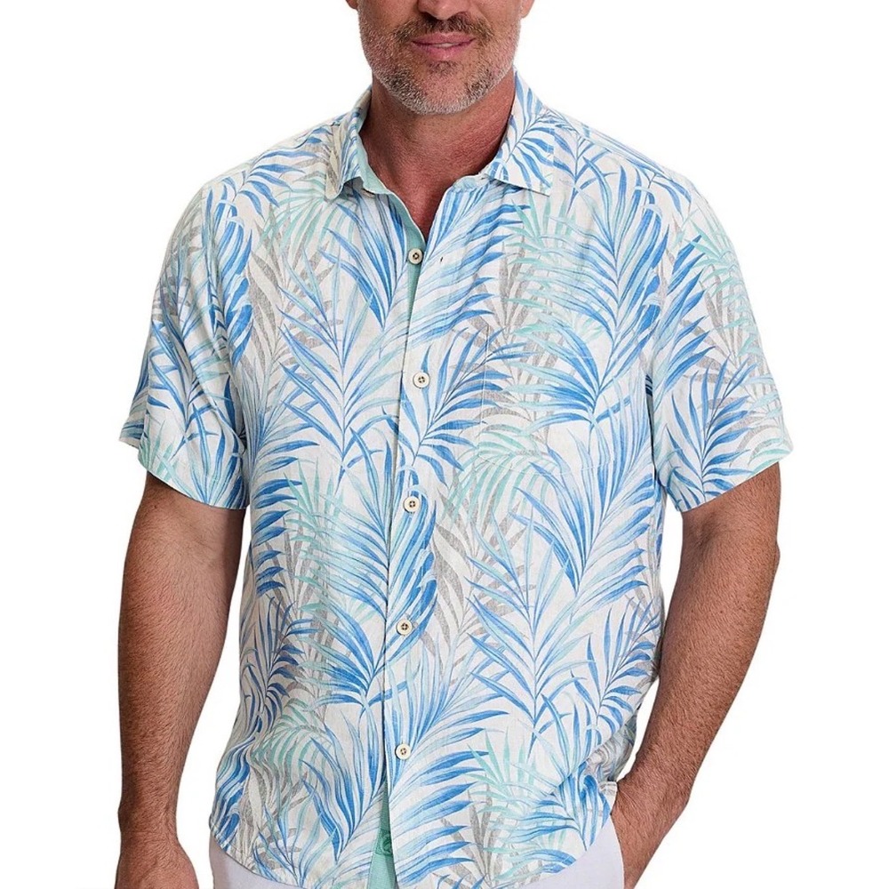 Tommy Bahama Mens Large 100% Silk Blue Palm Leaf Tropical Short Sleeve Shirt LG